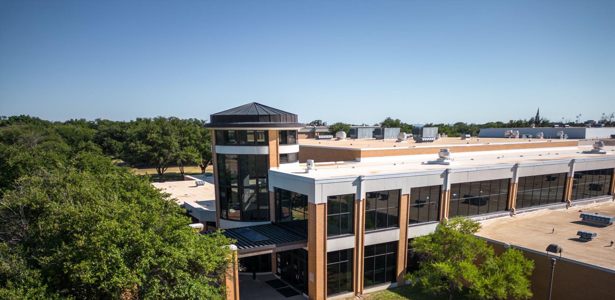 An aerial view of the Houston Harte University Center